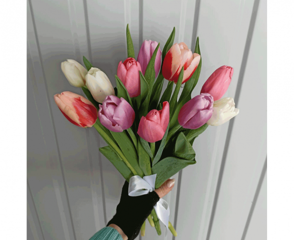 11 тюльпанов цвета микс, лента в Старом Крыму